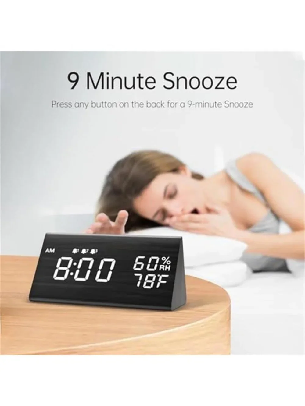 Wood Digital Alarm Clock Multiple Alarms LED Display Temperature Humidity Modern